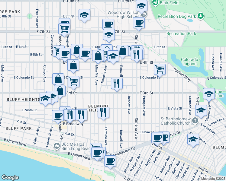 map of restaurants, bars, coffee shops, grocery stores, and more near 4045 East 3rd Street in Long Beach