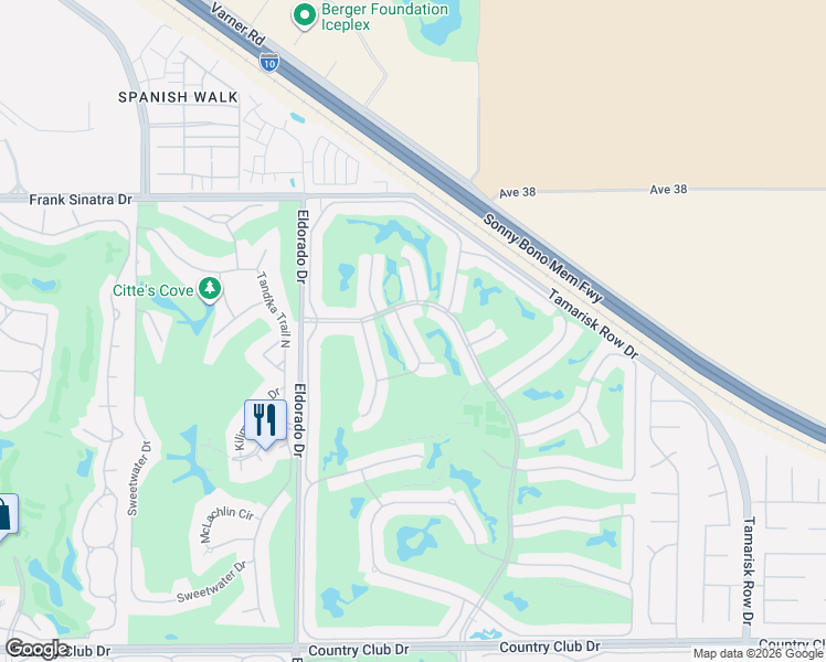 map of restaurants, bars, coffee shops, grocery stores, and more near 38700 Dahlia Circle in Palm Desert