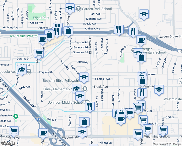 map of restaurants, bars, coffee shops, grocery stores, and more near 6532 Bestel Avenue in Westminster