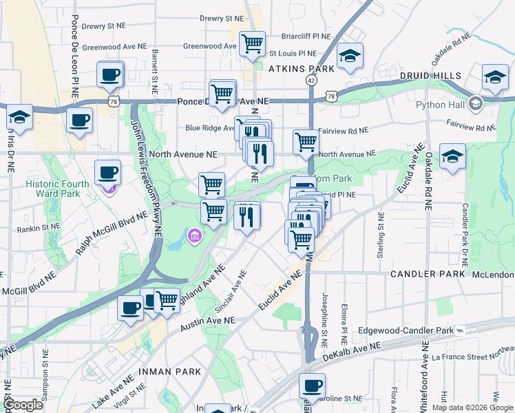map of restaurants, bars, coffee shops, grocery stores, and more near 507 North Highland Avenue Northeast in Atlanta