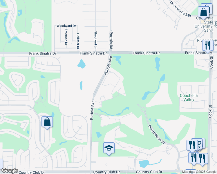 map of restaurants, bars, coffee shops, grocery stores, and more near 1403 Retreat Circle in Palm Desert