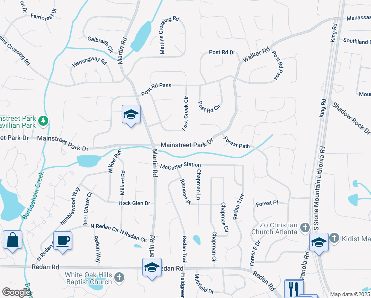 map of restaurants, bars, coffee shops, grocery stores, and more near 5223 Mainstreet Park Drive in Stone Mountain
