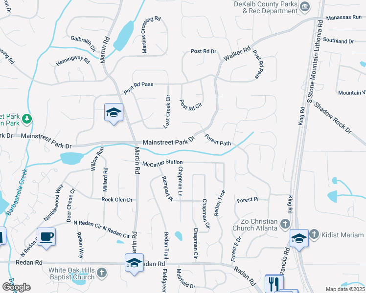 map of restaurants, bars, coffee shops, grocery stores, and more near 5245 Mainstreet Park Drive in Stone Mountain