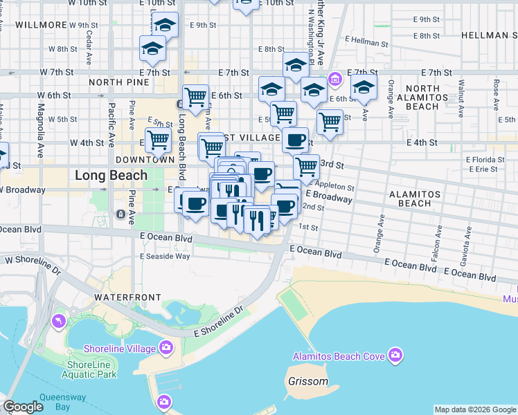 map of restaurants, bars, coffee shops, grocery stores, and more near 100 Atlantic Avenue in Long Beach