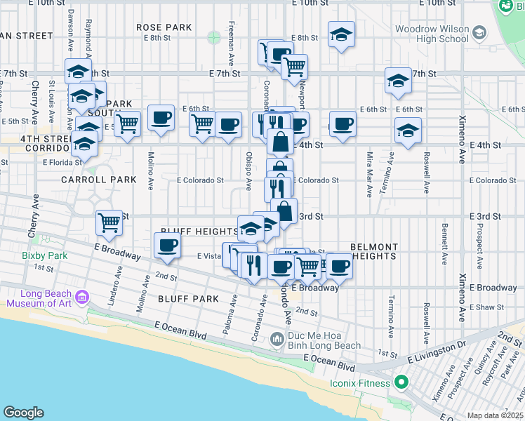 map of restaurants, bars, coffee shops, grocery stores, and more near 3300 East 3rd Street in Long Beach