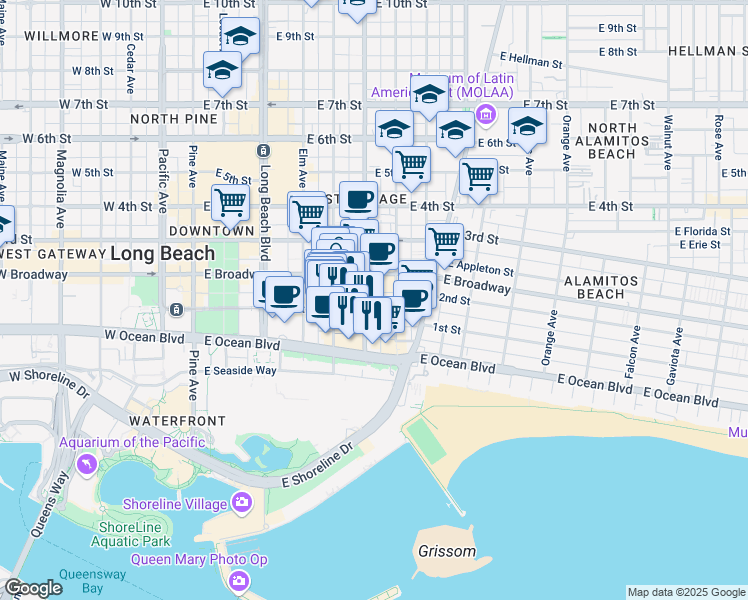 map of restaurants, bars, coffee shops, grocery stores, and more near in Long Beach