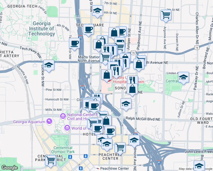 map of restaurants, bars, coffee shops, grocery stores, and more near 501 Peachtree Street Northeast in Atlanta