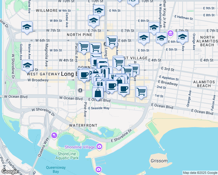 map of restaurants, bars, coffee shops, grocery stores, and more near 301 East Ocean Boulevard in Long Beach
