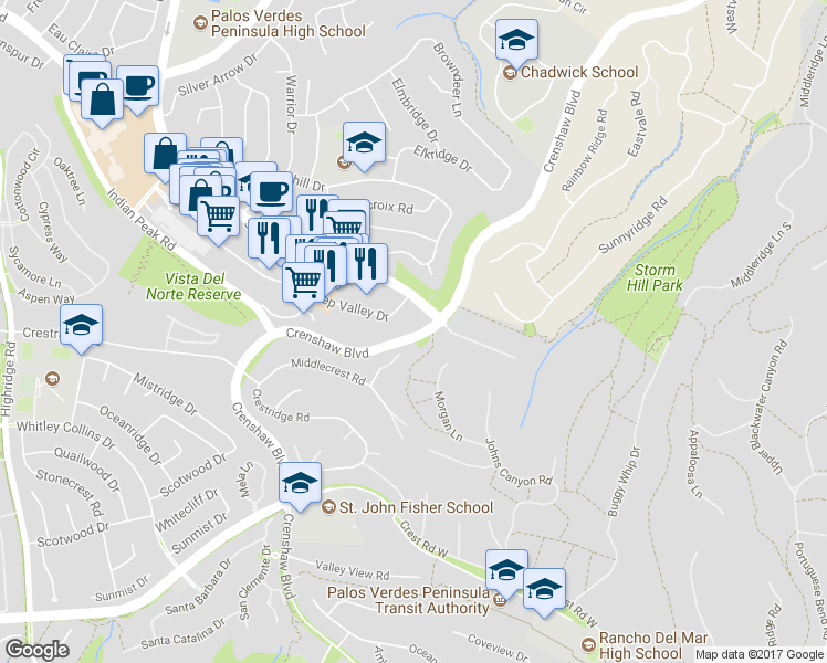 map of restaurants, bars, coffee shops, grocery stores, and more near 993 Silver Spur Road in Rolling Hills Estates