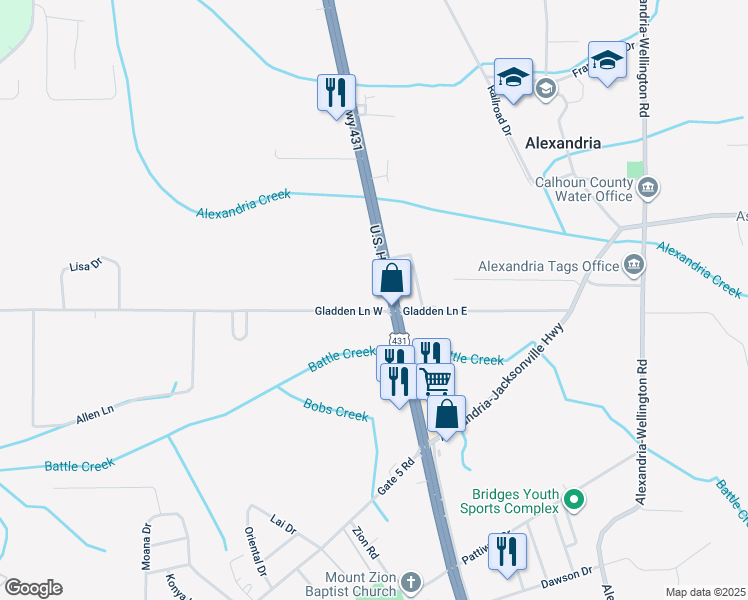 map of restaurants, bars, coffee shops, grocery stores, and more near 6685 U.S. 431 in Alexandria