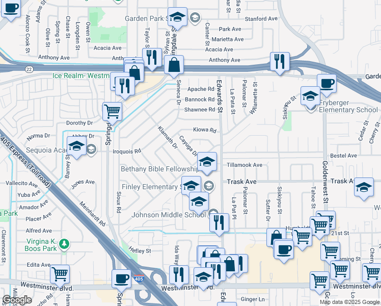 map of restaurants, bars, coffee shops, grocery stores, and more near 6382 Cayuga Drive in Westminster