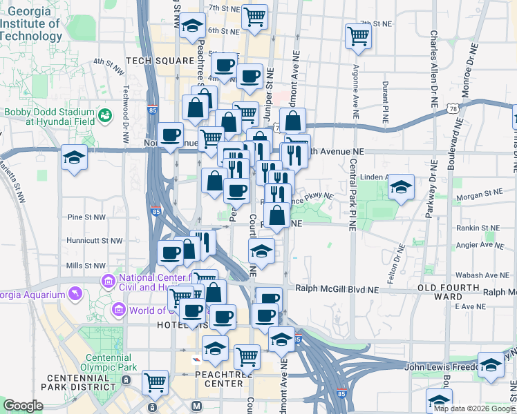 map of restaurants, bars, coffee shops, grocery stores, and more near 505 Courtland Street Northeast in Atlanta
