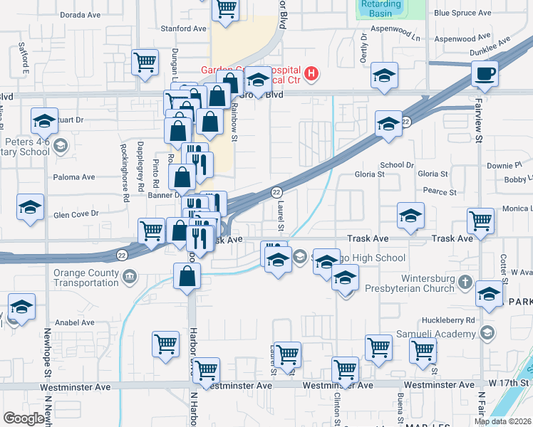 map of restaurants, bars, coffee shops, grocery stores, and more near 13391 Palm Street in Garden Grove