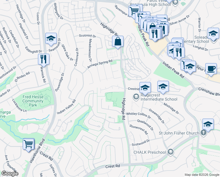 map of restaurants, bars, coffee shops, grocery stores, and more near 41 Hillcrest Meadows in Rolling Hills Estates