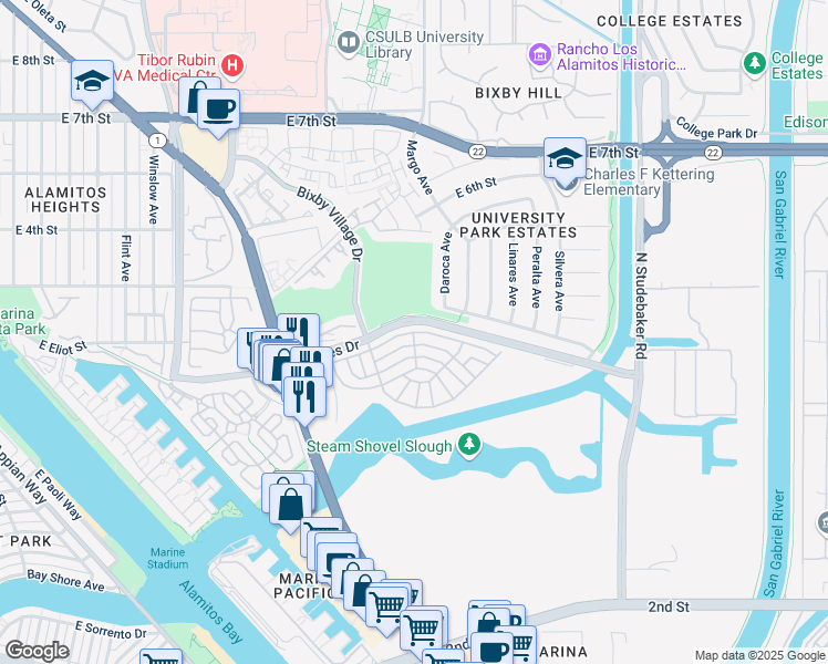 map of restaurants, bars, coffee shops, grocery stores, and more near 6245 East Beach Comber Drive in Long Beach