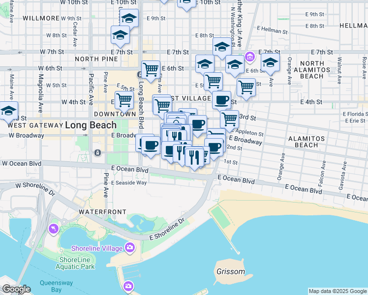 map of restaurants, bars, coffee shops, grocery stores, and more near 527 East First Street in Long Beach
