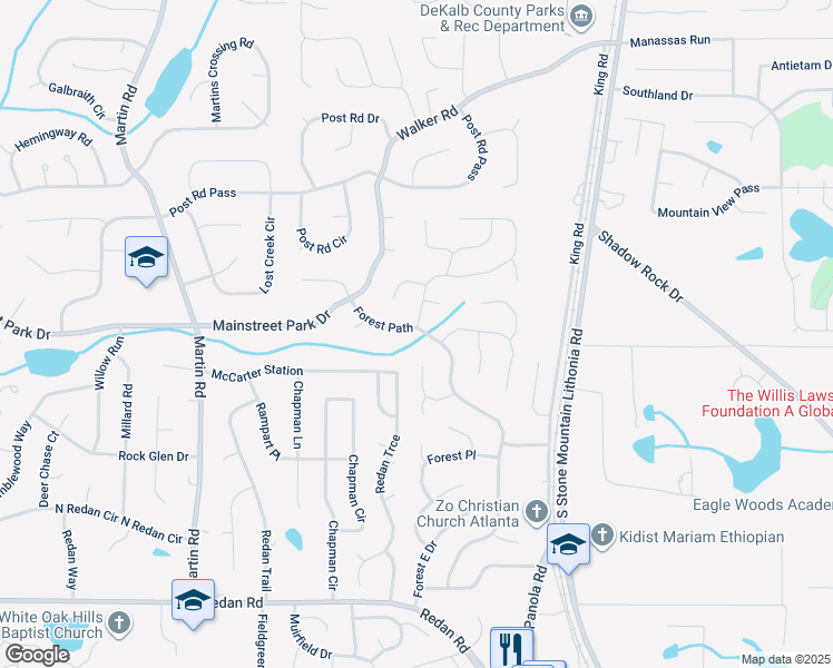 map of restaurants, bars, coffee shops, grocery stores, and more near 860 Forest Path in Stone Mountain