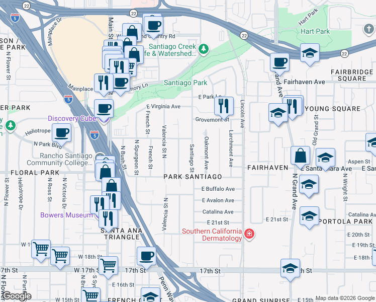 map of restaurants, bars, coffee shops, grocery stores, and more near 2335 Poinsettia Street North in Santa Ana