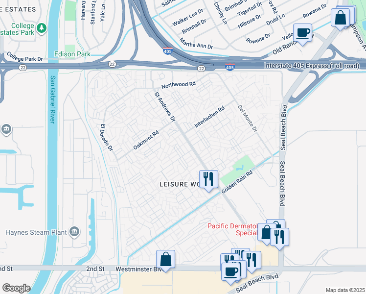 map of restaurants, bars, coffee shops, grocery stores, and more near 1501 Pelham Road in Seal Beach