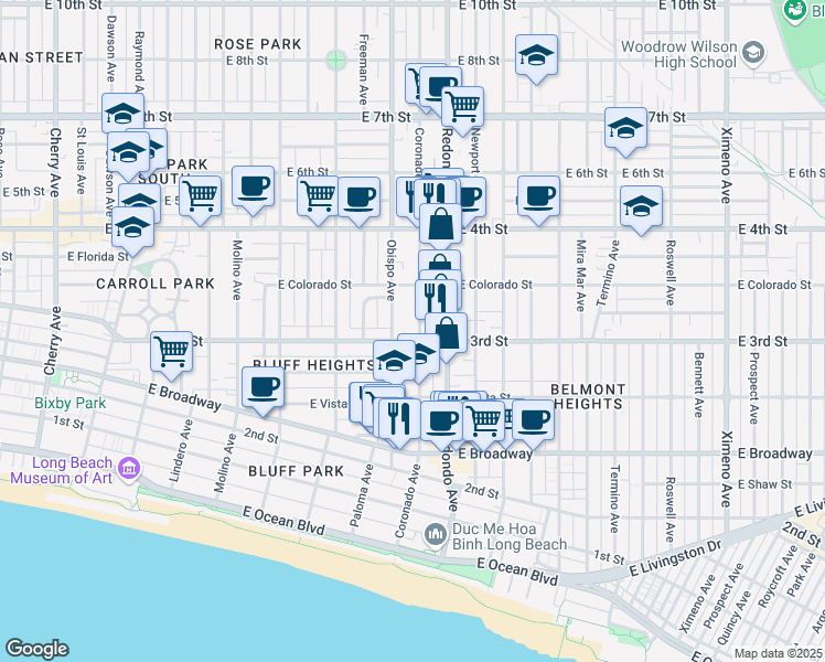 map of restaurants, bars, coffee shops, grocery stores, and more near 3300 East 3rd Street in Long Beach