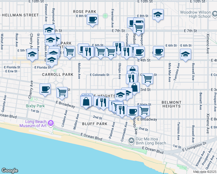 map of restaurants, bars, coffee shops, grocery stores, and more near 292 Orizaba Avenue in Long Beach
