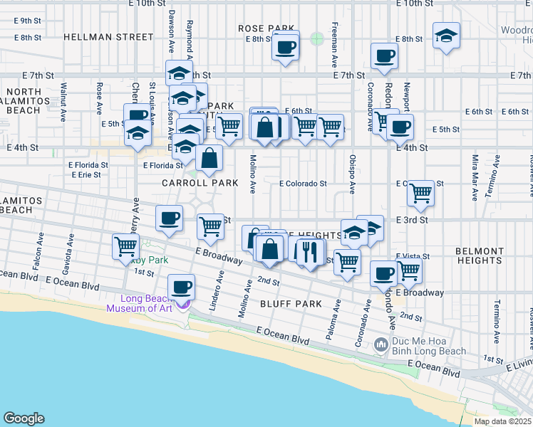 map of restaurants, bars, coffee shops, grocery stores, and more near 2750 Colorado Place in Long Beach