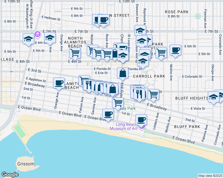 map of restaurants, bars, coffee shops, grocery stores, and more near in Long Beach