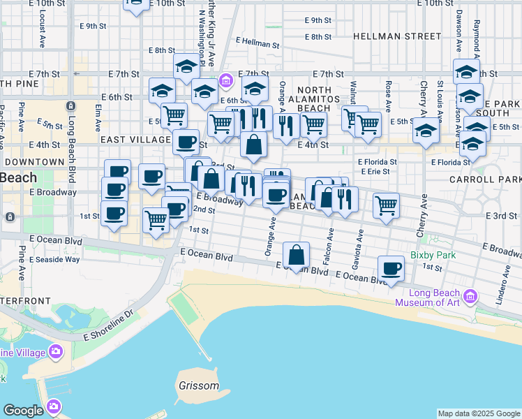 map of restaurants, bars, coffee shops, grocery stores, and more near 1149 2nd Street in Long Beach