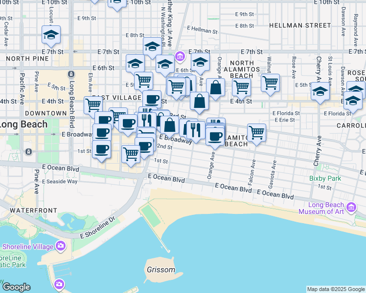 map of restaurants, bars, coffee shops, grocery stores, and more near 1066 2nd Street in Long Beach