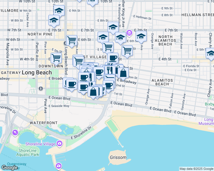 map of restaurants, bars, coffee shops, grocery stores, and more near 700 Lime Avenue in Long Beach