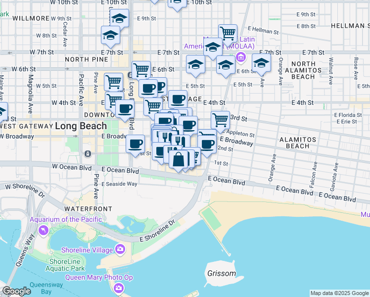 map of restaurants, bars, coffee shops, grocery stores, and more near in Long Beach