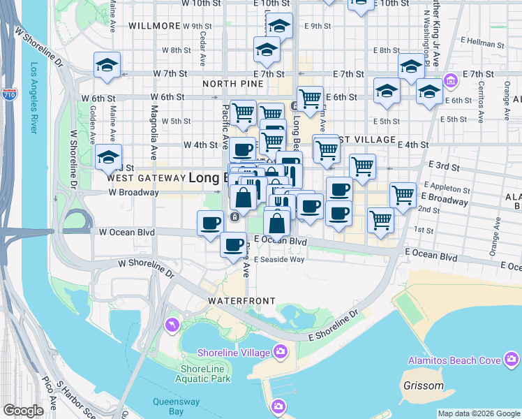 map of restaurants, bars, coffee shops, grocery stores, and more near 215 East 1st Street in Long Beach