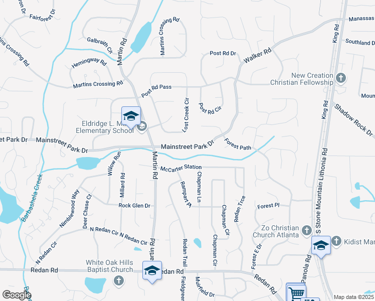 map of restaurants, bars, coffee shops, grocery stores, and more near 5223 Mainstreet Park Drive in Stone Mountain
