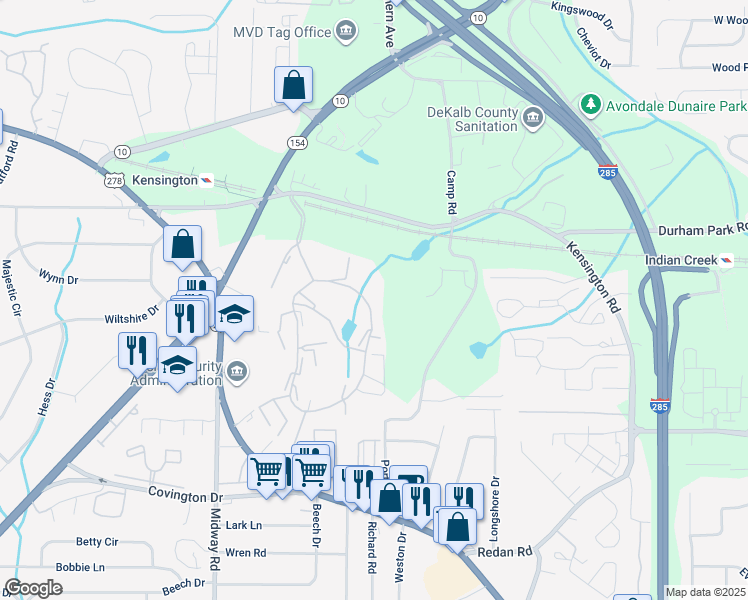 map of restaurants, bars, coffee shops, grocery stores, and more near 3539-3557 E Clubhouse Cir in Decatur