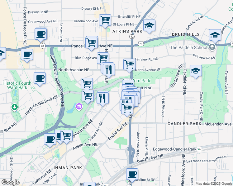map of restaurants, bars, coffee shops, grocery stores, and more near in Atlanta