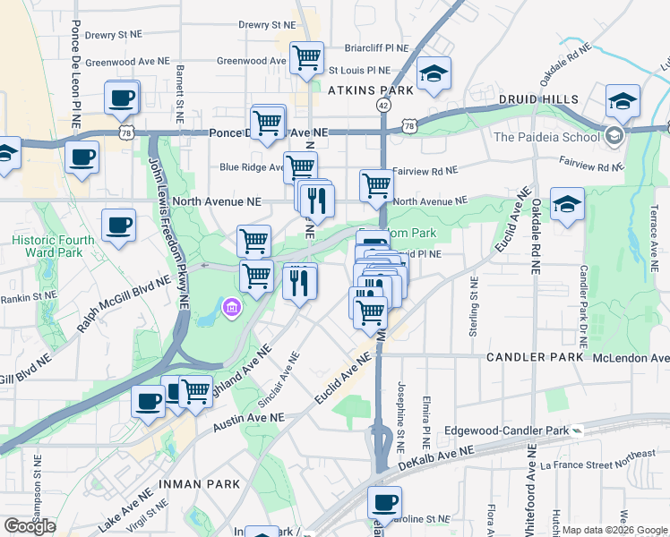 map of restaurants, bars, coffee shops, grocery stores, and more near 1203 Cleburne Avenue Northeast in Atlanta