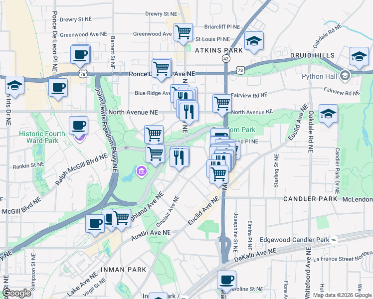 map of restaurants, bars, coffee shops, grocery stores, and more near 507 North Highland Avenue Northeast in Atlanta