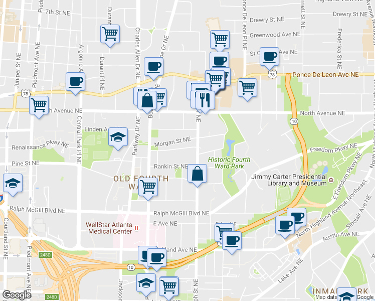 map of restaurants, bars, coffee shops, grocery stores, and more near 555 Winton Terrace Northeast in Atlanta