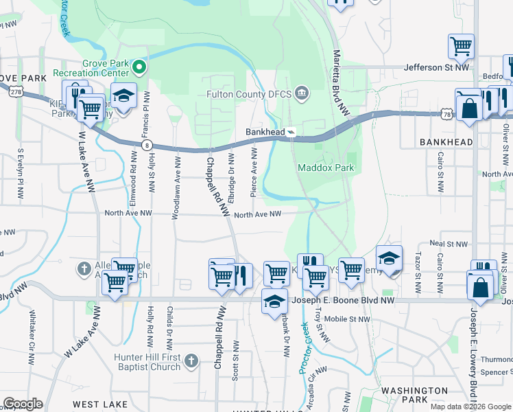 map of restaurants, bars, coffee shops, grocery stores, and more near 1301 North Avenue Northwest in Atlanta