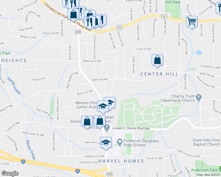 map of restaurants, bars, coffee shops, grocery stores, and more near 2517 Ryne Street Northwest in Atlanta