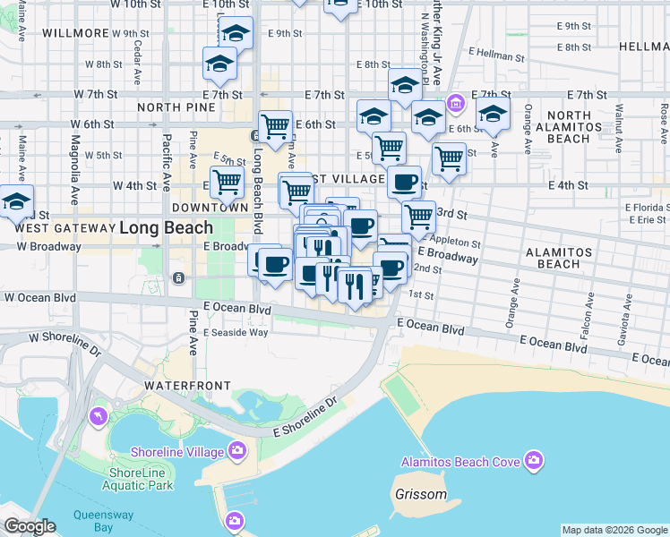 map of restaurants, bars, coffee shops, grocery stores, and more near 527 East 1st Street in Long Beach