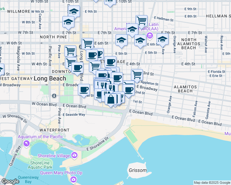 map of restaurants, bars, coffee shops, grocery stores, and more near in Long Beach