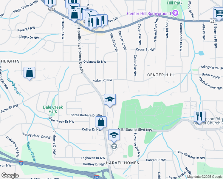 map of restaurants, bars, coffee shops, grocery stores, and more near 2517 Ryne Street Northwest in Atlanta