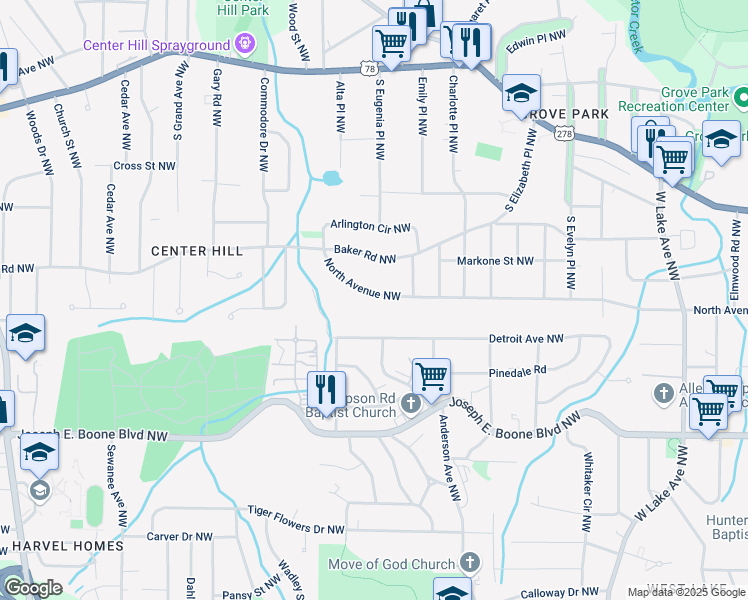 map of restaurants, bars, coffee shops, grocery stores, and more near 2020 North Avenue Northwest in Atlanta