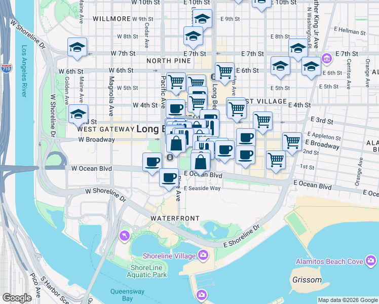 map of restaurants, bars, coffee shops, grocery stores, and more near 215 East 1st Street in Long Beach