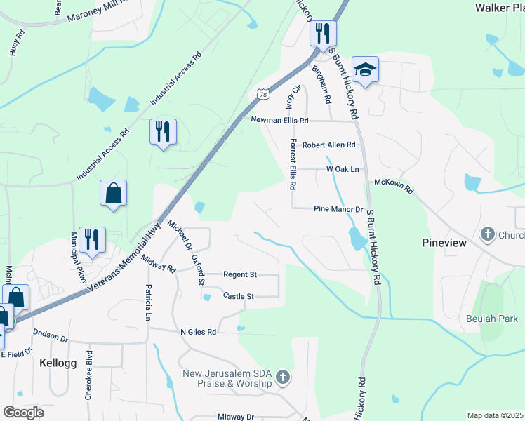map of restaurants, bars, coffee shops, grocery stores, and more near Scott Drive in Douglasville