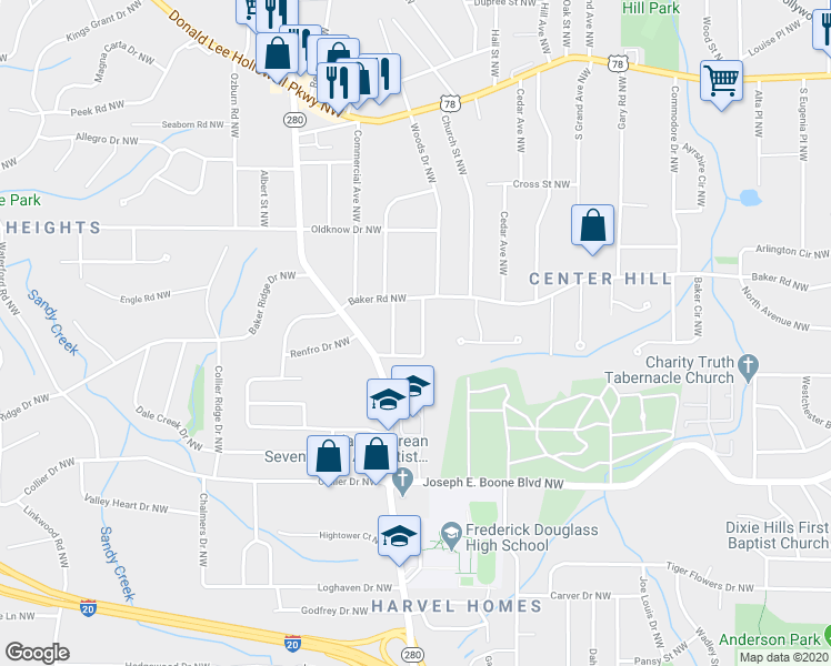 map of restaurants, bars, coffee shops, grocery stores, and more near 490 Woods Drive Northwest in Atlanta