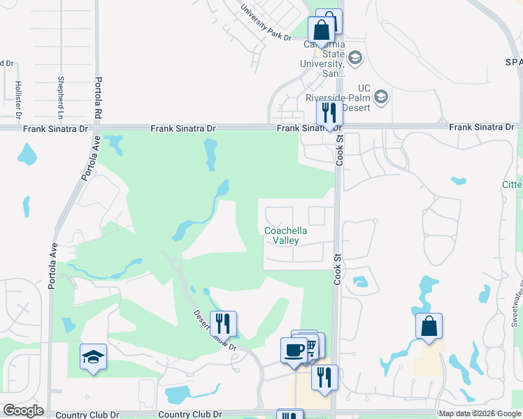 map of restaurants, bars, coffee shops, grocery stores, and more near 38 Lucerne Drive in Palm Desert