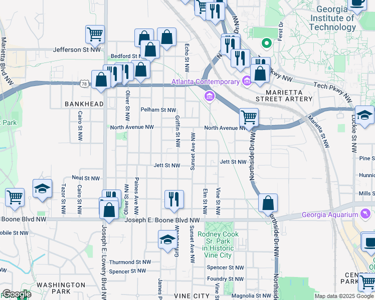 map of restaurants, bars, coffee shops, grocery stores, and more near 701 Cameron Madison Alexander Boulevard Northwest in Atlanta