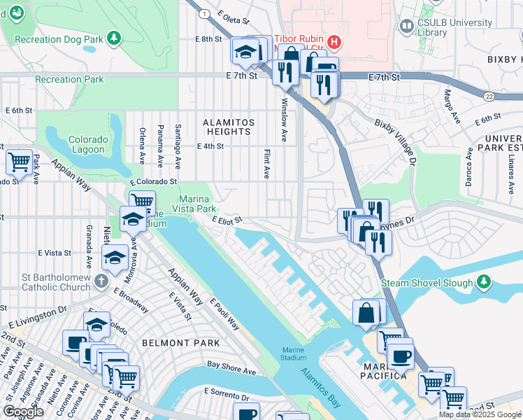 map of restaurants, bars, coffee shops, grocery stores, and more near 309 Flint Avenue in Long Beach